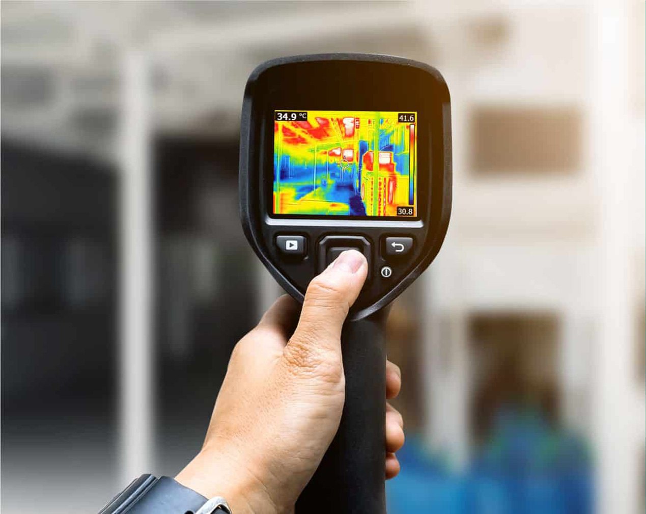 Cámara termográfica detectando una fuga de agua en una pared